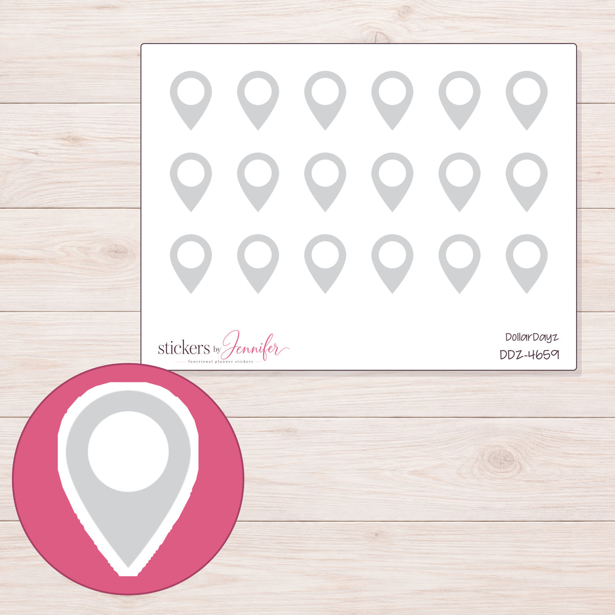 Light Gray Location Pin Planner Stickers | DDZ-4659 — 4 × 3 inch sheet and enlarged sticker detail