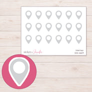 Light Gray Location Pin Planner Stickers | DDZ-4659 — 4 × 3 inch sheet and enlarged sticker detail