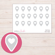 Light Gray Heart Location Pin Planner Stickers | DDZ-4660 — 4 × 3 inch sheet and enlarged sticker detail