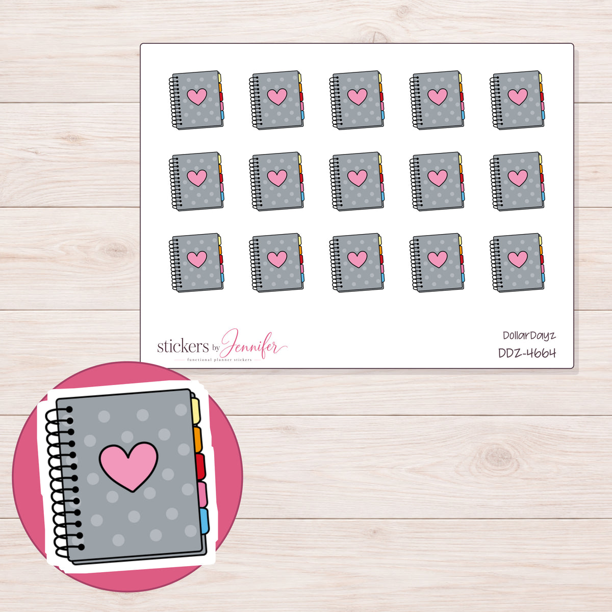 Gray Polka Dot Heart Planner Stickers | DDZ-4664 — 4 × 3 inch sheet and enlarged sticker detail