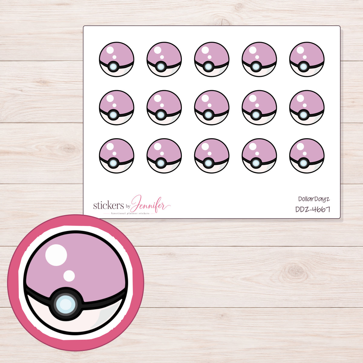 Pink Poke Ball Planner Stickers | DDZ-4667 — 4 × 3 inch sheet and enlarged sticker detail