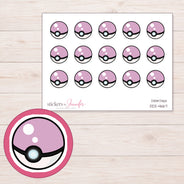 Pink Poke Ball Planner Stickers | DDZ-4667 — 4 × 3 inch sheet and enlarged sticker detail