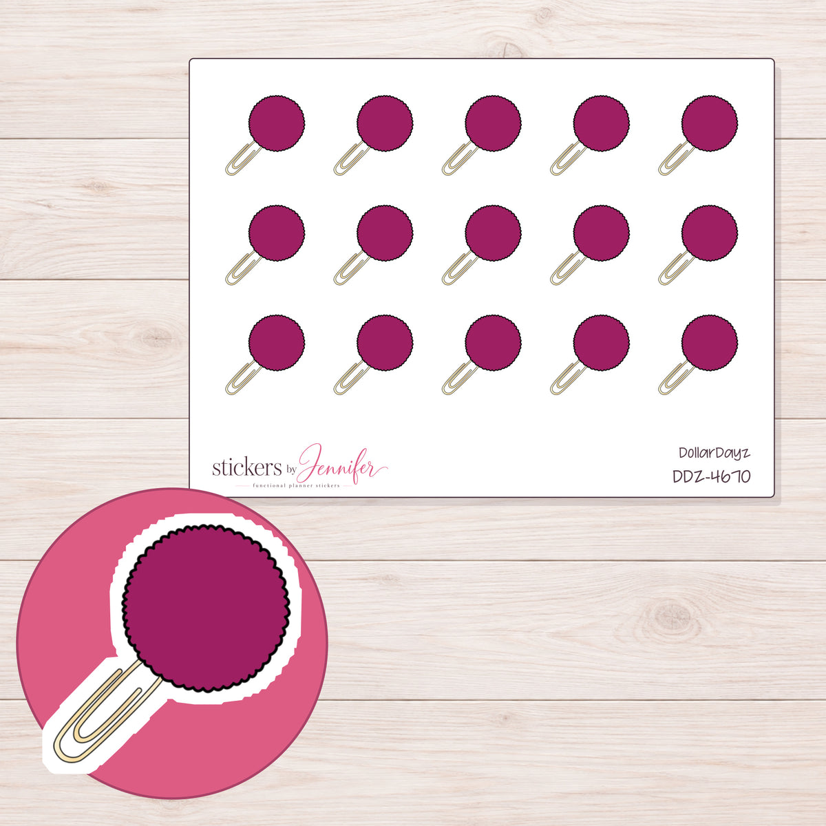 Magenta Pom Pom Paper Clip Planner Stickers | DDZ-4670 — 4 × 3 inch sheet and enlarged sticker detail