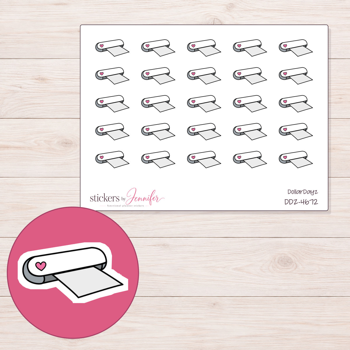 White Heart Craft Cutting Machine Planner Stickers | DDZ-4672 — 4 × 3 inch sheet and enlarged sticker detail