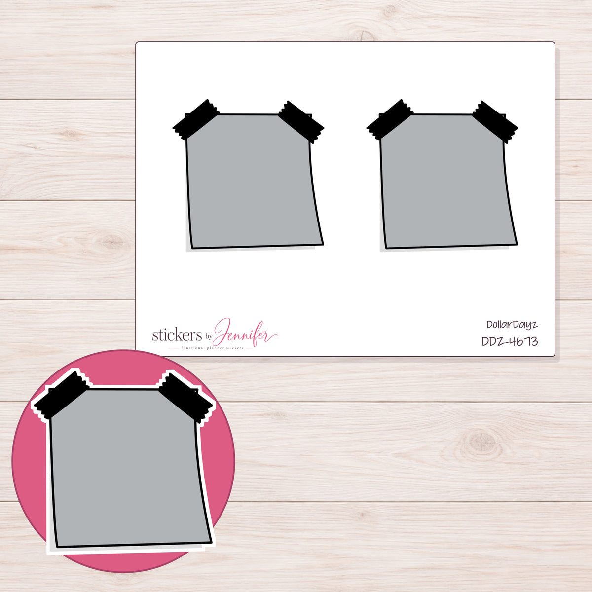 Gray Double-Tape Note Planner Stickers | DDZ-4673 — 4 × 3 inch sheet and enlarged sticker detail