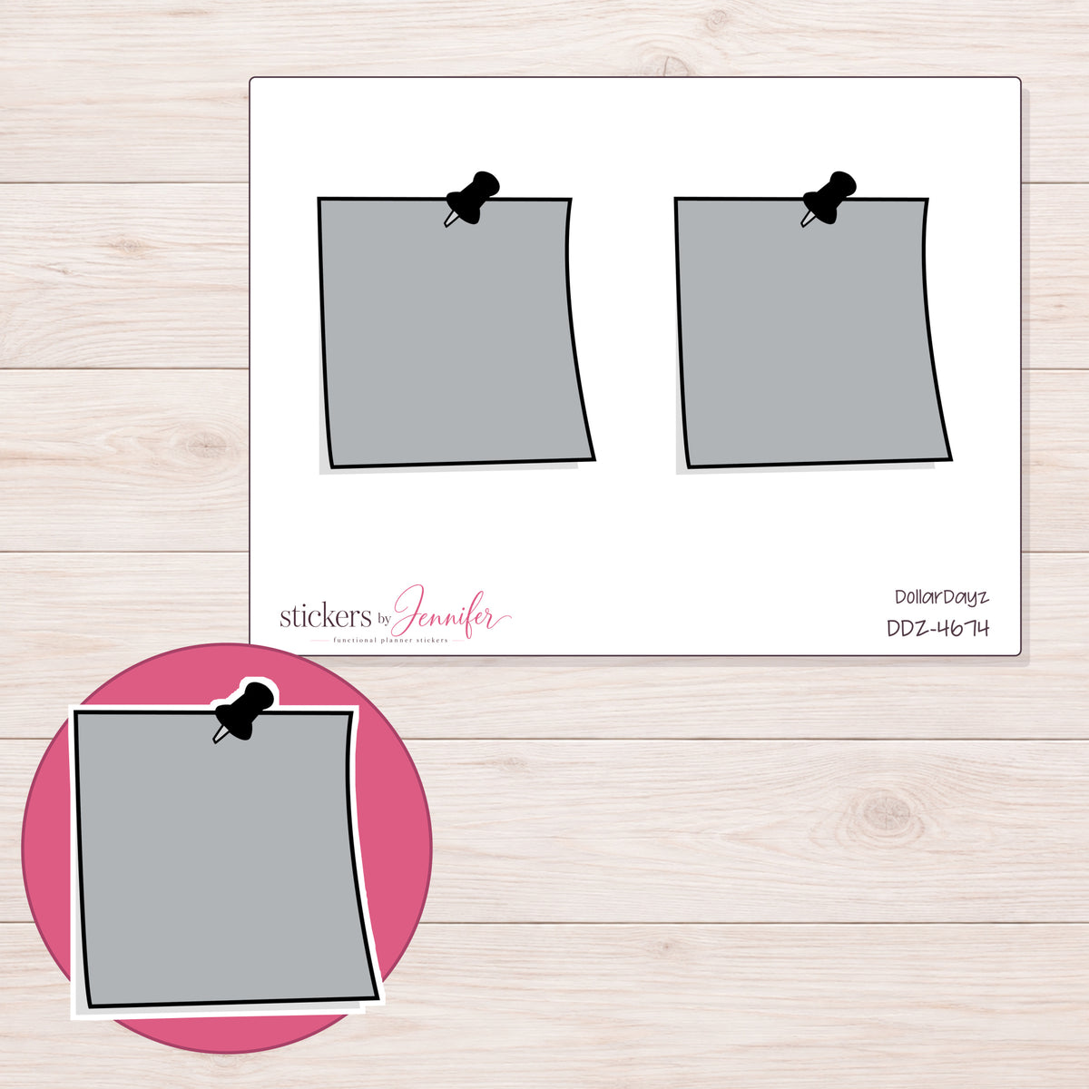 Gray Pushpin Note Planner Stickers | DDZ-4674 — 4 × 3 inch sheet and enlarged sticker detail