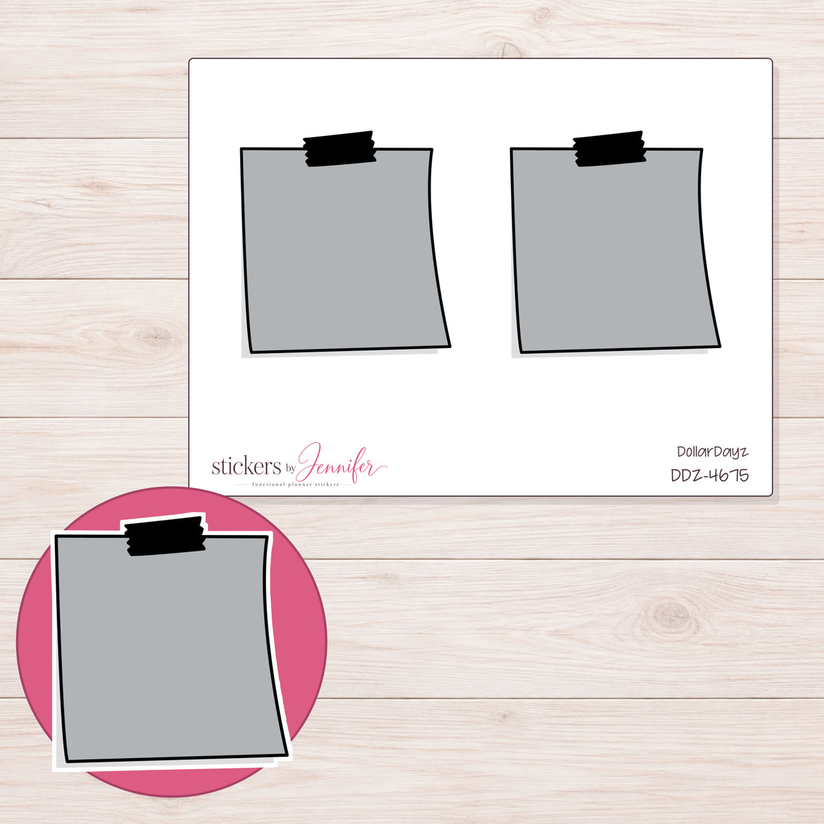 Gray Black-Tape Note Planner Stickers | DDZ-4675 — 4 × 3 inch sheet and enlarged sticker detail