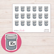 Gray Prescription Bottle Planner Stickers | DDZ-4676 — 4 × 3 inch sheet and enlarged sticker detail