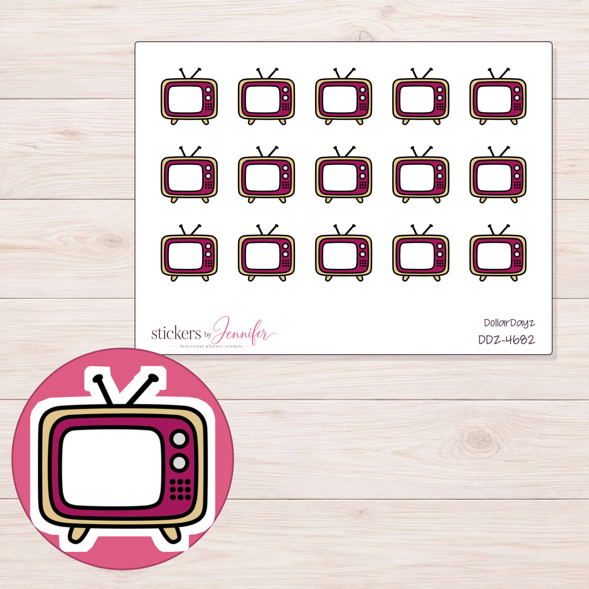 Magenta Retro Television Planner Stickers | DDZ-4682 — 4 × 3 inch sheet and enlarged sticker detail