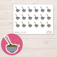 Gray Heart Ramen Bowl Planner Stickers | DDZ-4683 — 4 × 3 inch sheet and enlarged sticker detail