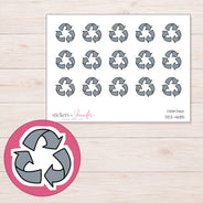 Gray Recycling Symbol Planner Stickers | DDZ-4685 — 4 × 3 inch sheet and enlarged sticker detail