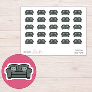 Charcoal Sofa Planner Stickers | DDZ-4690 — 4 × 3 inch sheet and enlarged sticker detail