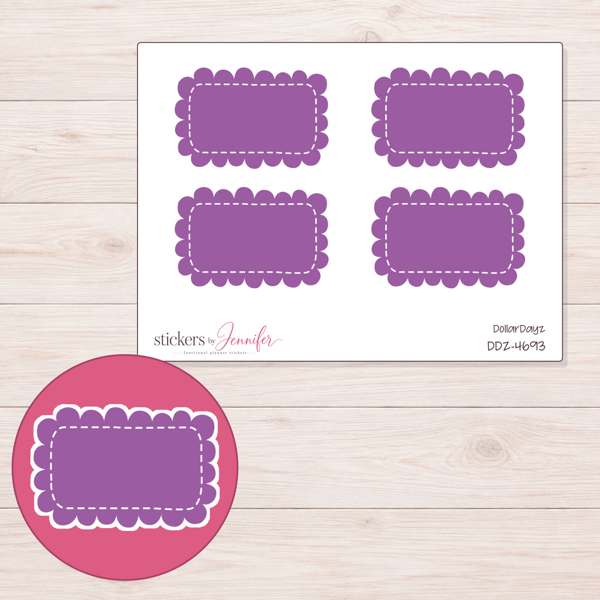 Purple Scalloped Rectangle Label Planner Stickers | DDZ-4693 — 4 × 3 inch sheet and enlarged sticker detail