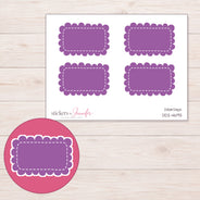 Purple Scalloped Rectangle Label Planner Stickers | DDZ-4693 — 4 × 3 inch sheet and enlarged sticker detail