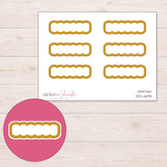 Mustard Yellow Outline Scallop Quarter Box Planner Stickers | DDZ-4694 — 4 × 3 inch sheet and enlarged sticker detail