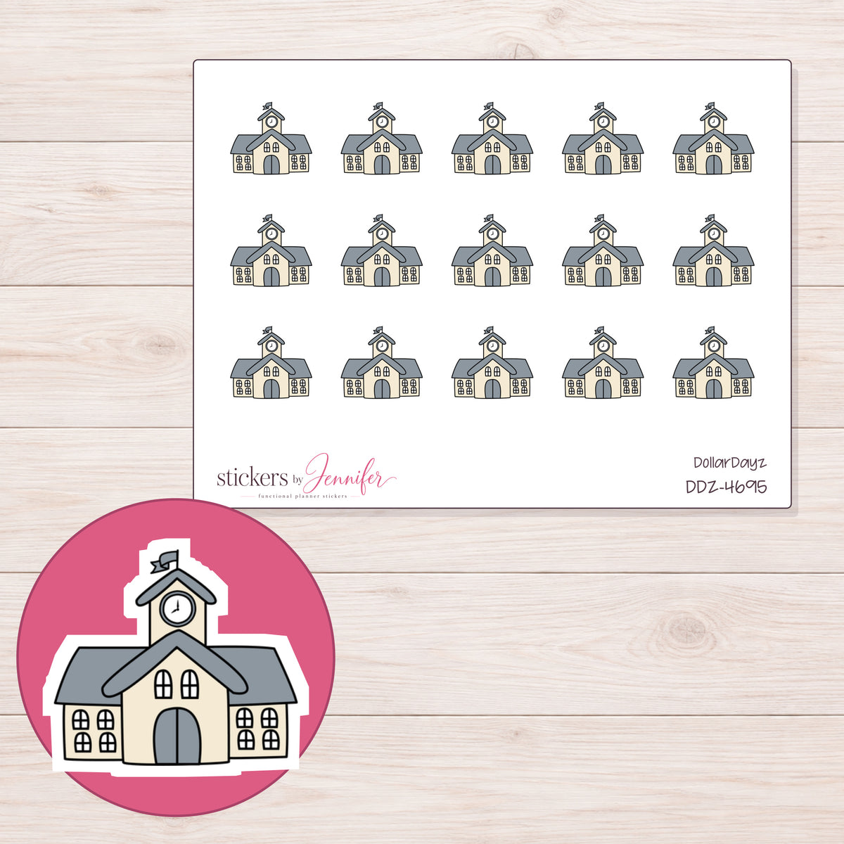 Gray School Building Planner Stickers | DDZ-4695 — 4 × 3 inch sheet and enlarged sticker detail