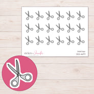 Gray Scissors Planner Stickers | DDZ-4697 — 4 × 3 inch sheet and enlarged sticker detail