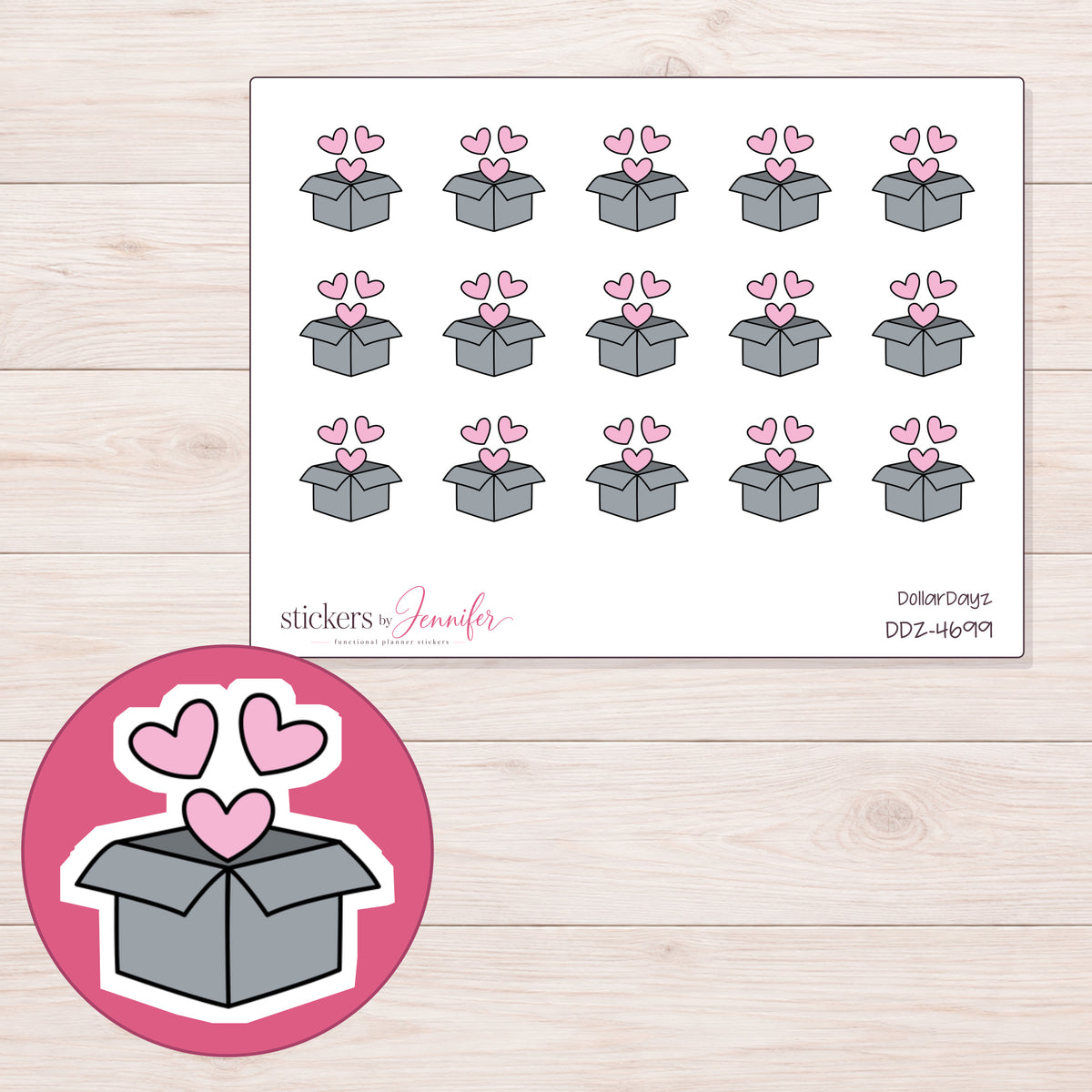 Gray Shipping Box with Hearts Planner Stickers | DDZ-4699 — 4 × 3 inch sheet and enlarged sticker detail