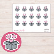 Gray Shipping Box with Hearts Planner Stickers | DDZ-4699 — 4 × 3 inch sheet and enlarged sticker detail