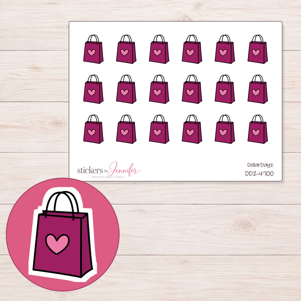 Magenta Heart Shopping Bag Planner Stickers | DDZ-4700 — 4 × 3 inch sheet and enlarged sticker detail