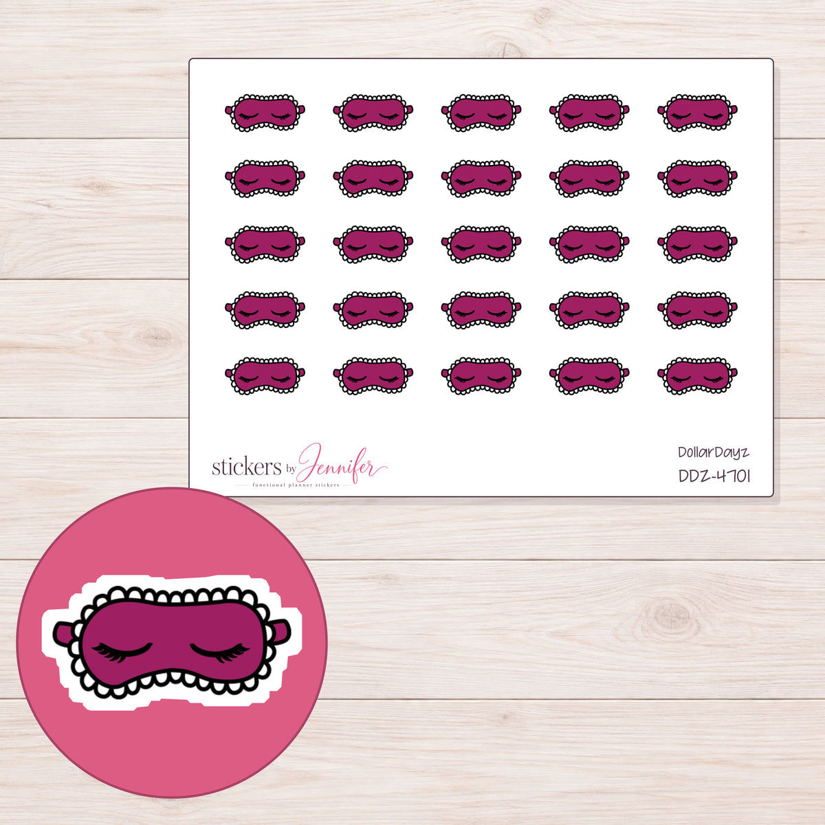 Magenta Sleep Mask Planner Stickers | DDZ-4701 — 4 × 3 inch sheet and enlarged sticker detail