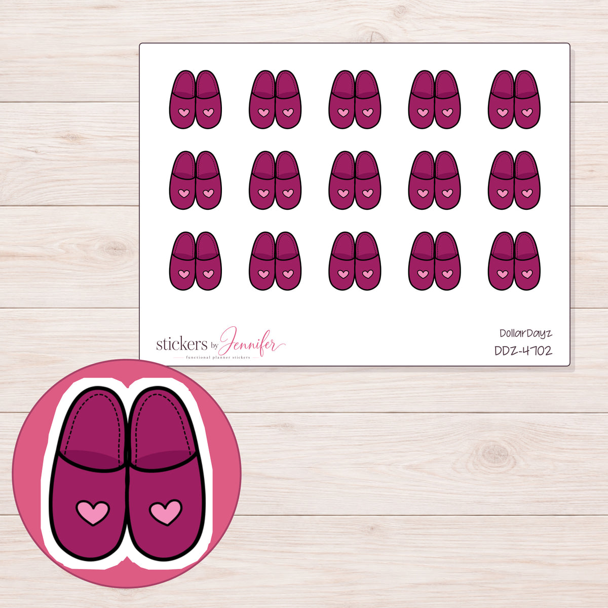 Magenta Heart Slippers Planner Stickers | DDZ-4702 — 4 × 3 inch sheet and enlarged sticker detail