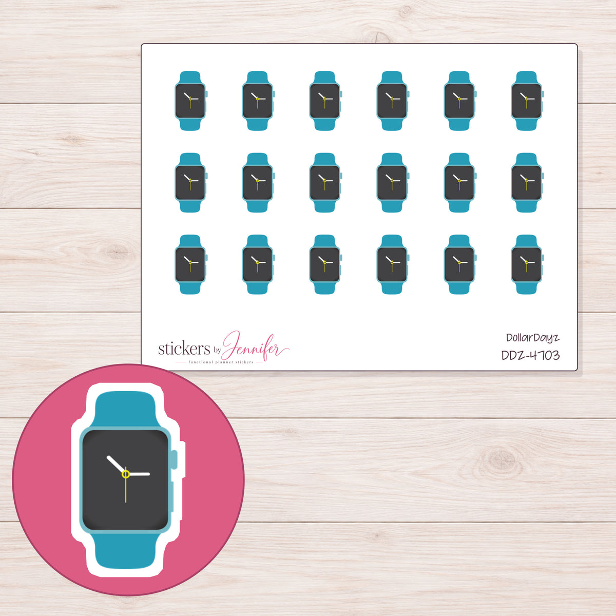 Teal Watch with Dark Face Planner Stickers | DDZ-4703 — 4 × 3 inch sheet and enlarged sticker detail