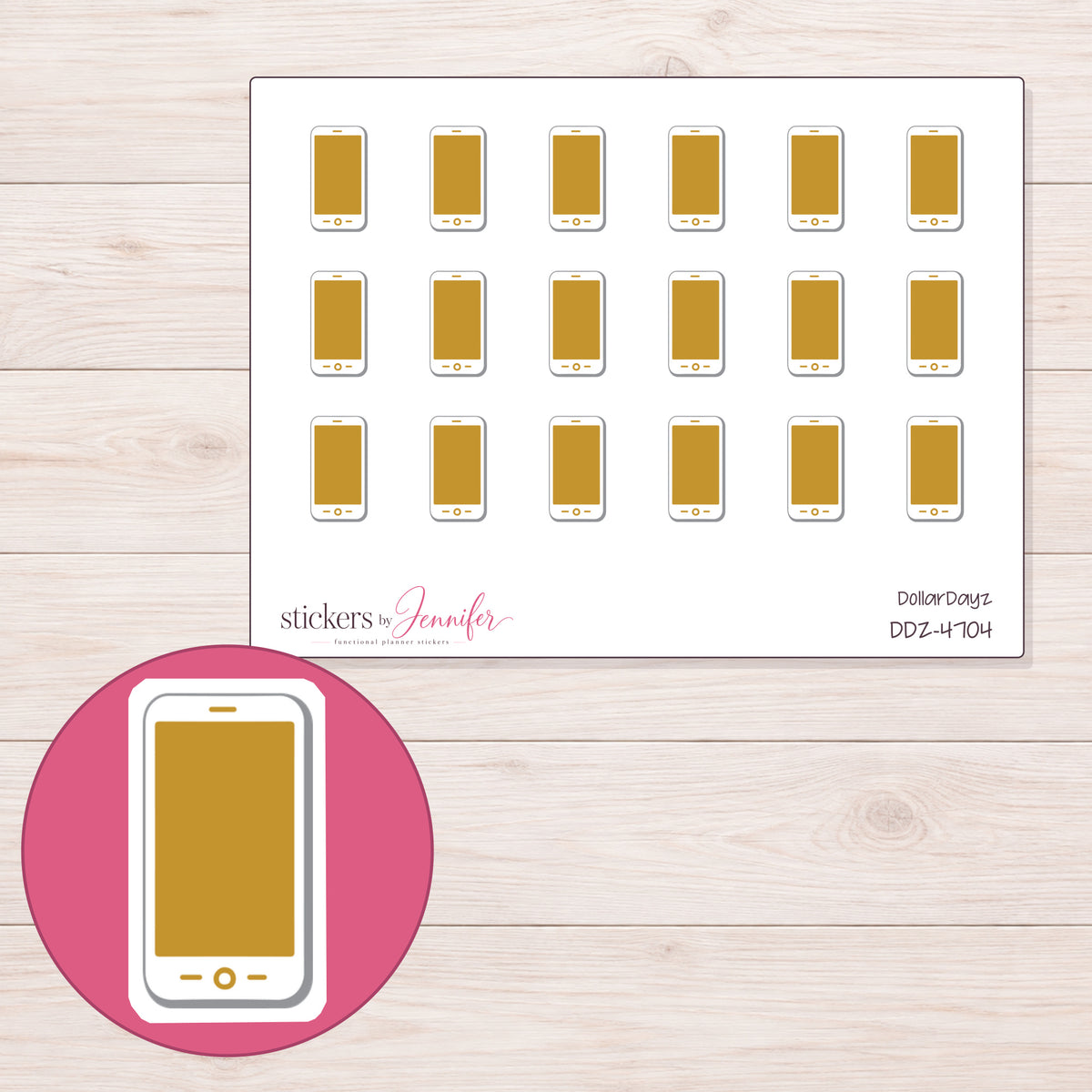 Gold Screen Smartphone Planner Stickers | DDZ-4704 — 4 × 3 inch sheet and enlarged sticker detail
