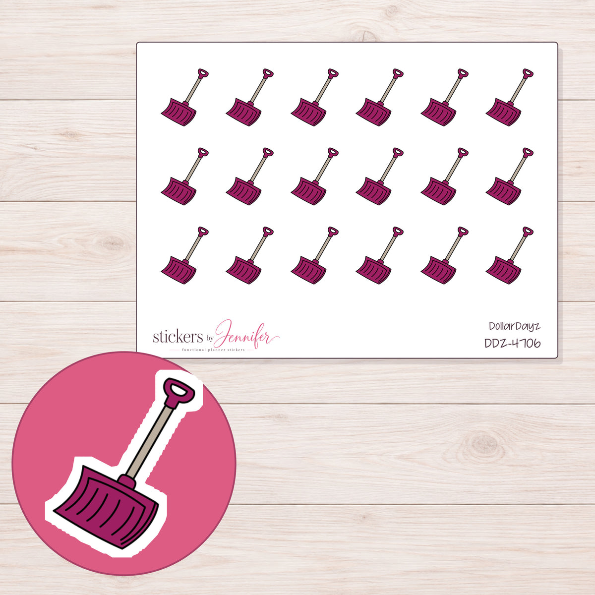 Magenta Snow Shovel Planner Stickers | DDZ-4706 — 4 × 3 inch sheet and enlarged sticker detail