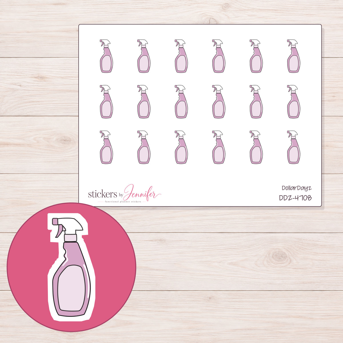 Pale Pink Spray Bottle Planner Stickers | DDZ-4708 — 4 × 3 inch sheet and enlarged sticker detail