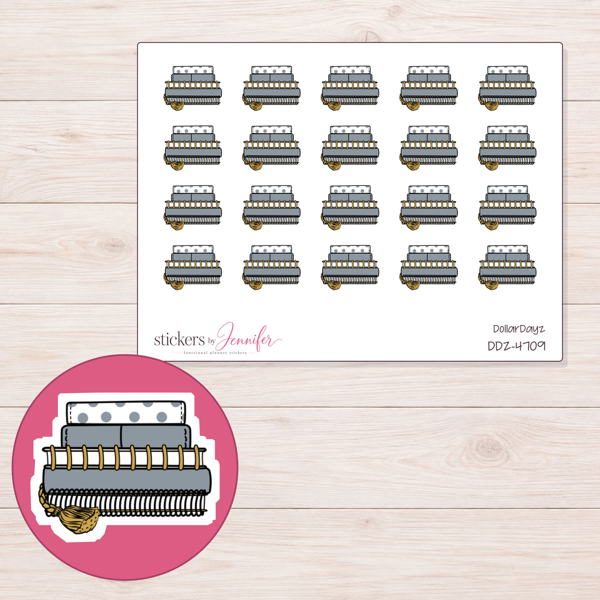 Stack of Gray Planners Planner Stickers | DDZ-4709 — 4 × 3 inch sheet and enlarged sticker detail