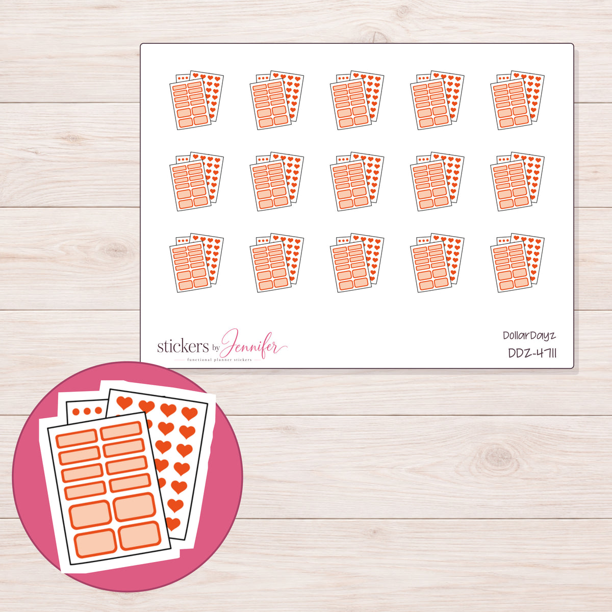 Peach Planner Sticker Sheets Planner Stickers | DDZ-4711 — 4 × 3 inch sheet and enlarged sticker detail