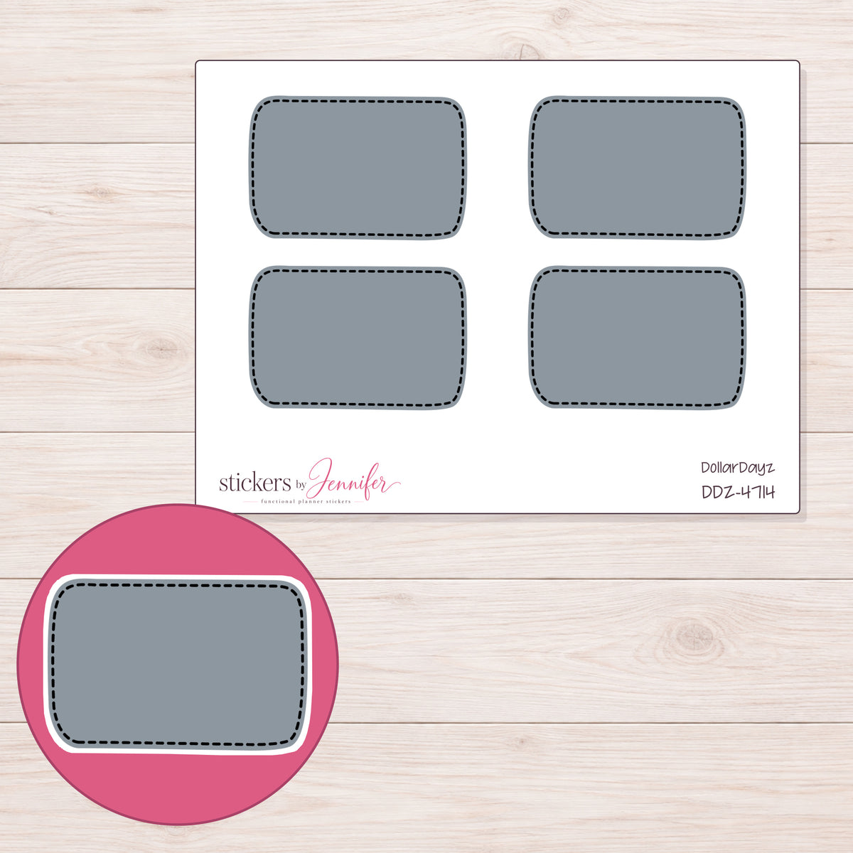 Slate Gray Dark-Stitch Half Box Planner Stickers | DDZ-4714 — 4 × 3 inch sheet and enlarged sticker detail