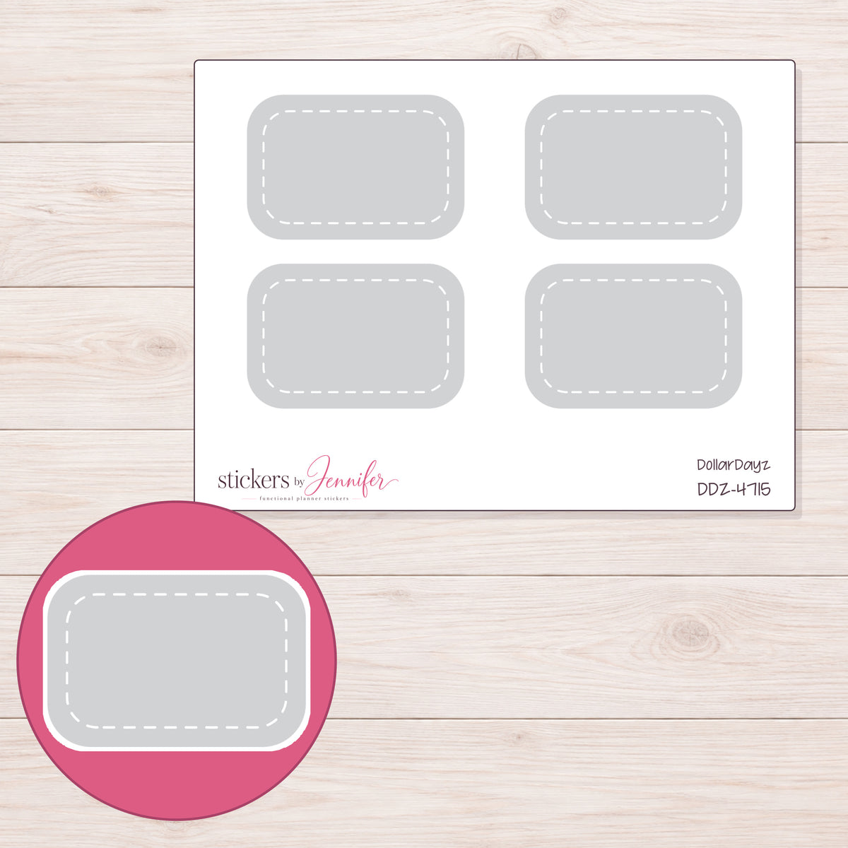 Gray White-Stitch Half Box Planner Stickers | DDZ-4715 — 4 × 3 inch sheet and enlarged sticker detail