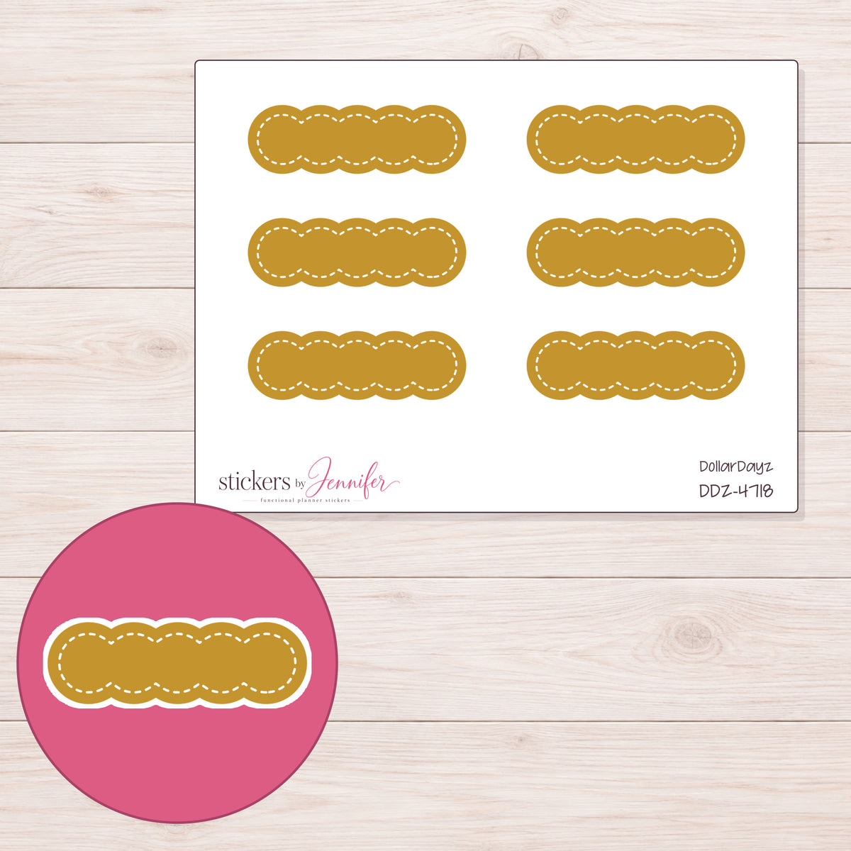 Mustard Yellow Stitched Scallop Label Planner Stickers | DDZ-4718 — 4 × 3 inch sheet and enlarged sticker detail