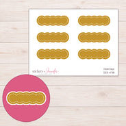 Mustard Yellow Stitched Scallop Label Planner Stickers | DDZ-4718 — 4 × 3 inch sheet and enlarged sticker detail