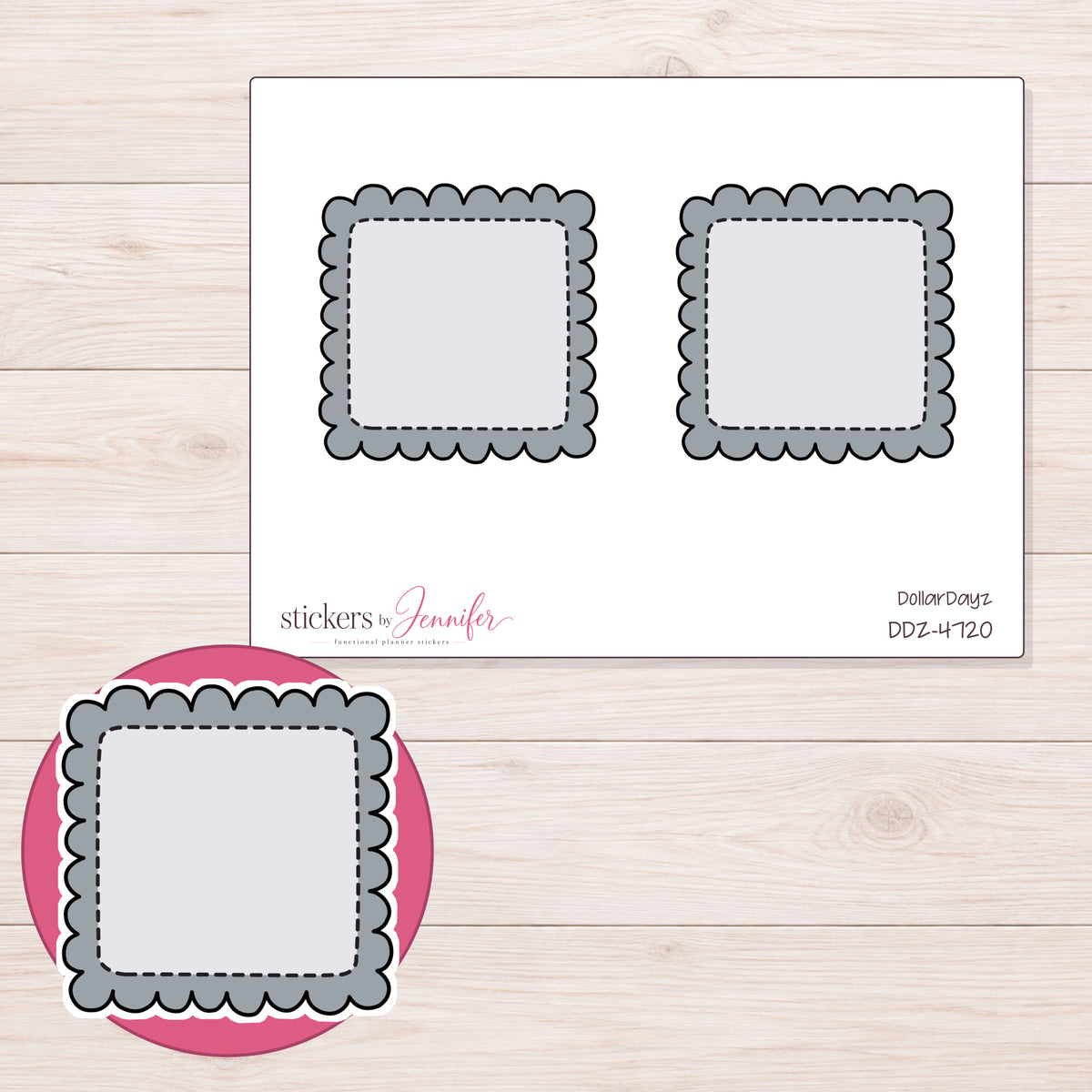 Gray Scalloped Stitched Square Planner Stickers | DDZ-4720 — 4 × 3 inch sheet and enlarged sticker detail