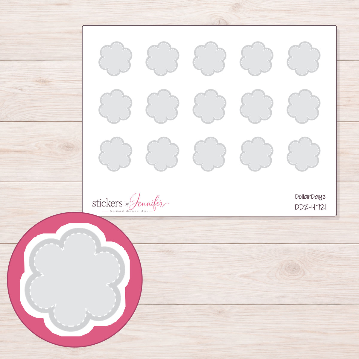 Light Gray Stitched Flower Planner Stickers | DDZ-4721 — 4 × 3 inch sheet and enlarged sticker detail