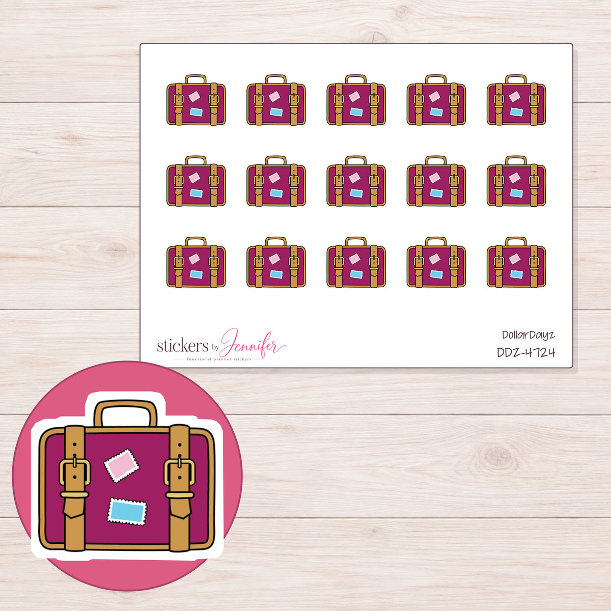 Magenta Suitcase with Gold Straps Planner Stickers | DDZ-4724 — 4 × 3 inch sheet and enlarged sticker detail