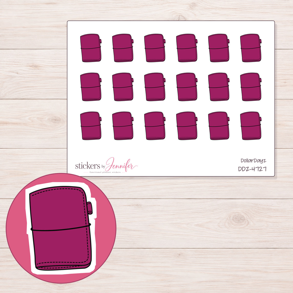 Magenta Travelers Notebook Planner Stickers | DDZ-4727 — 4 × 3 inch sheet and enlarged sticker detail