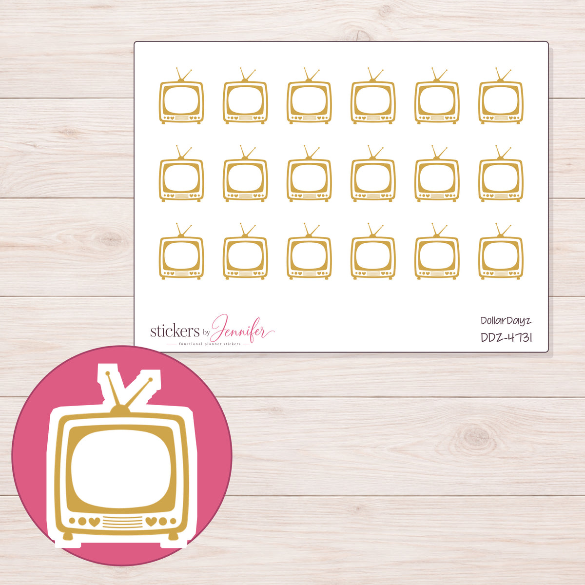 Gold Outline Retro Television Planner Stickers | DDZ-4731 — 4 × 3 inch sheet and enlarged sticker detail
