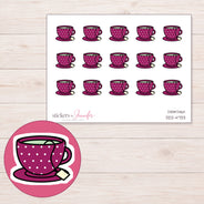 Magenta Polka Dot Teacup Planner Stickers | DDZ-4733 — 4 × 3 inch sheet and enlarged sticker detail