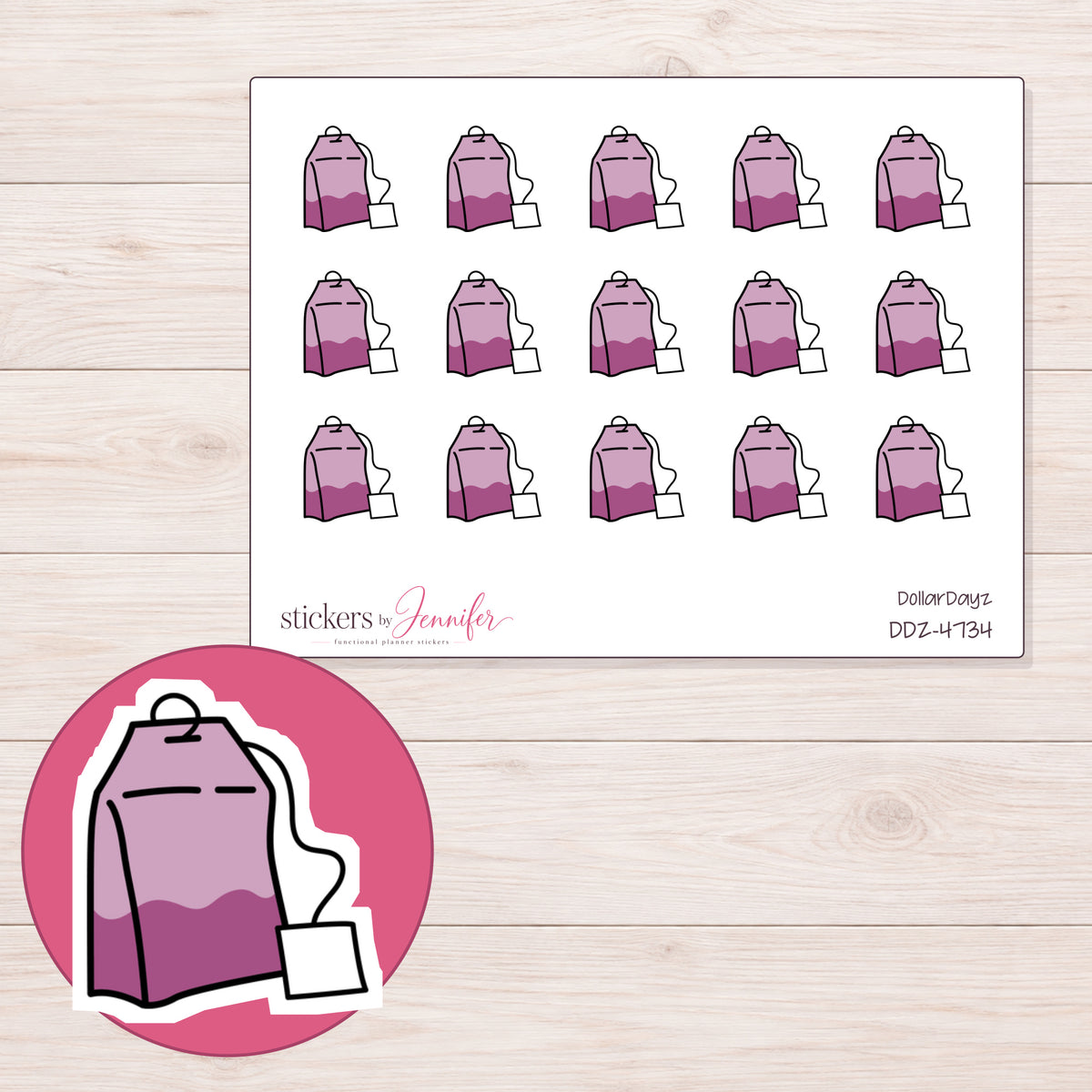 Pink Tea Bag Planner Stickers | DDZ-4734 — 4 × 3 inch sheet and enlarged sticker detail