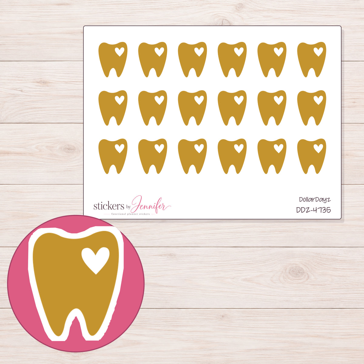 Gold Heart Tooth Planner Stickers | DDZ-4735 — 4 × 3 inch sheet and enlarged sticker detail