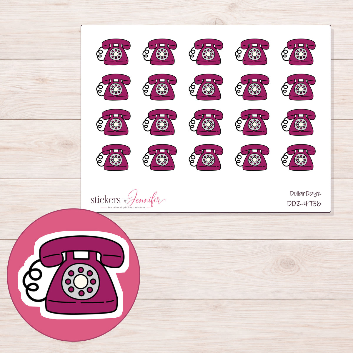 Magenta Rotary Telephone Planner Stickers | DDZ-4736 — 4 × 3 inch sheet and enlarged sticker detail