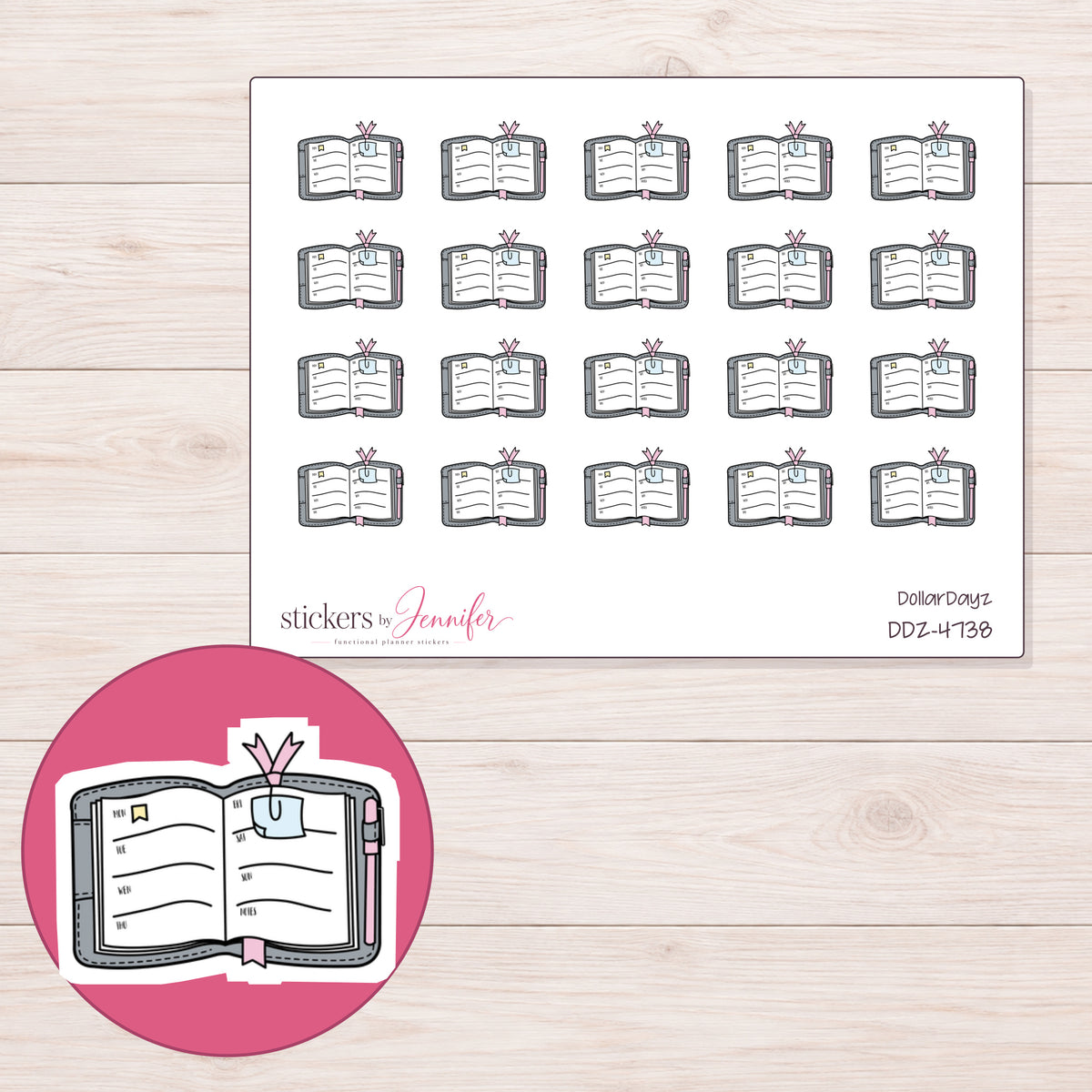 Open Gray Planner with Bow Clip Planner Stickers | DDZ-4738 — 4 × 3 inch sheet and enlarged sticker detail