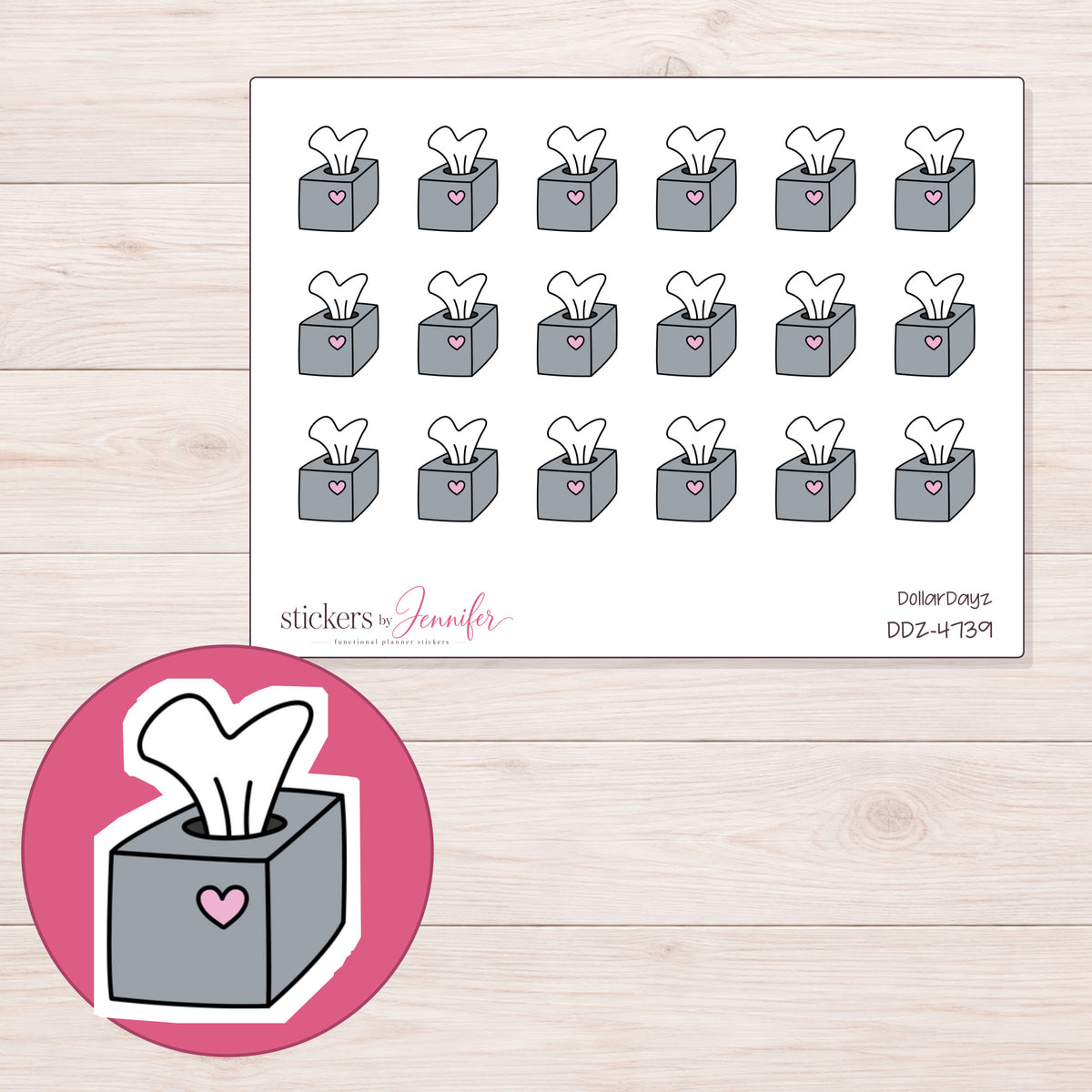 Gray Heart Tissue Box Planner Stickers | DDZ-4739 — 4 × 3 inch sheet and enlarged sticker detail