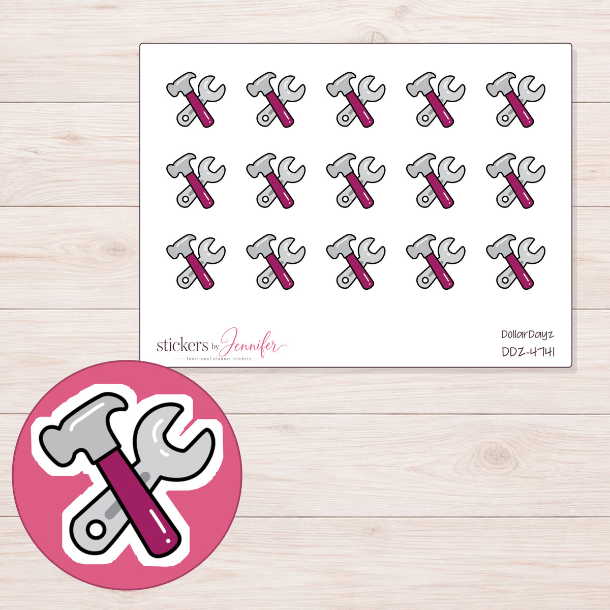 Magenta Hammer and Gray Wrench Planner Stickers | DDZ-4741 — 4 × 3 inch sheet and enlarged sticker detail