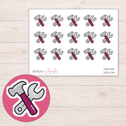 Magenta Hammer and Gray Wrench Planner Stickers | DDZ-4741 — 4 × 3 inch sheet and enlarged sticker detail