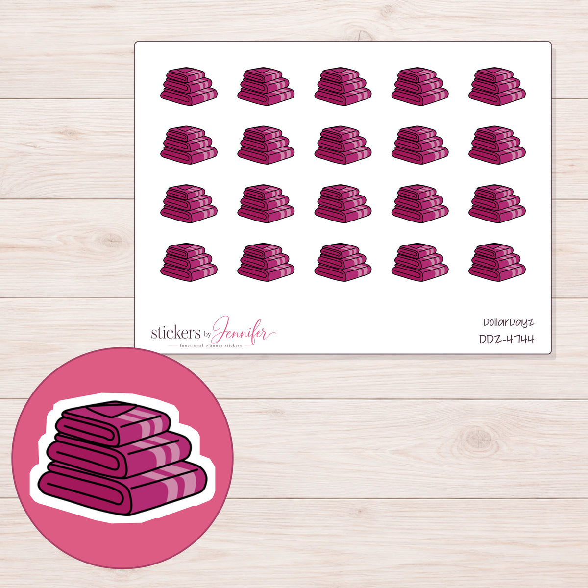 Magenta Towel Stack Planner Stickers | DDZ-4744 — 4 × 3 inch sheet and enlarged sticker detail